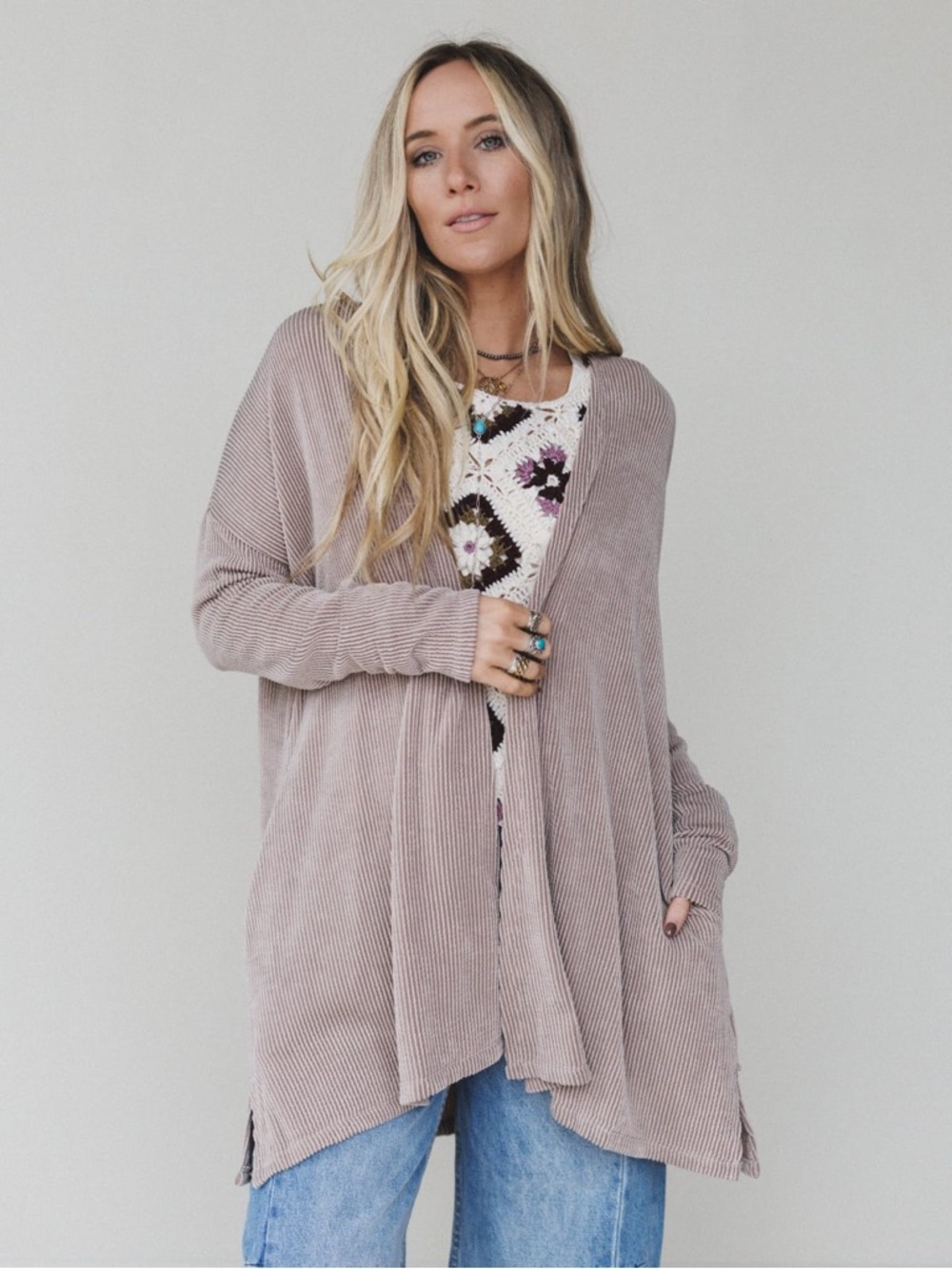Three Bird Nest Ribbed Open-Front Cardigan in Dusty Mauve - Picture 3 of 7